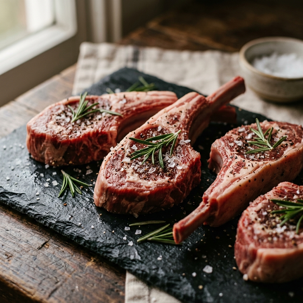 Fresh hand-cut lamb chops prepared for halal meat delivery